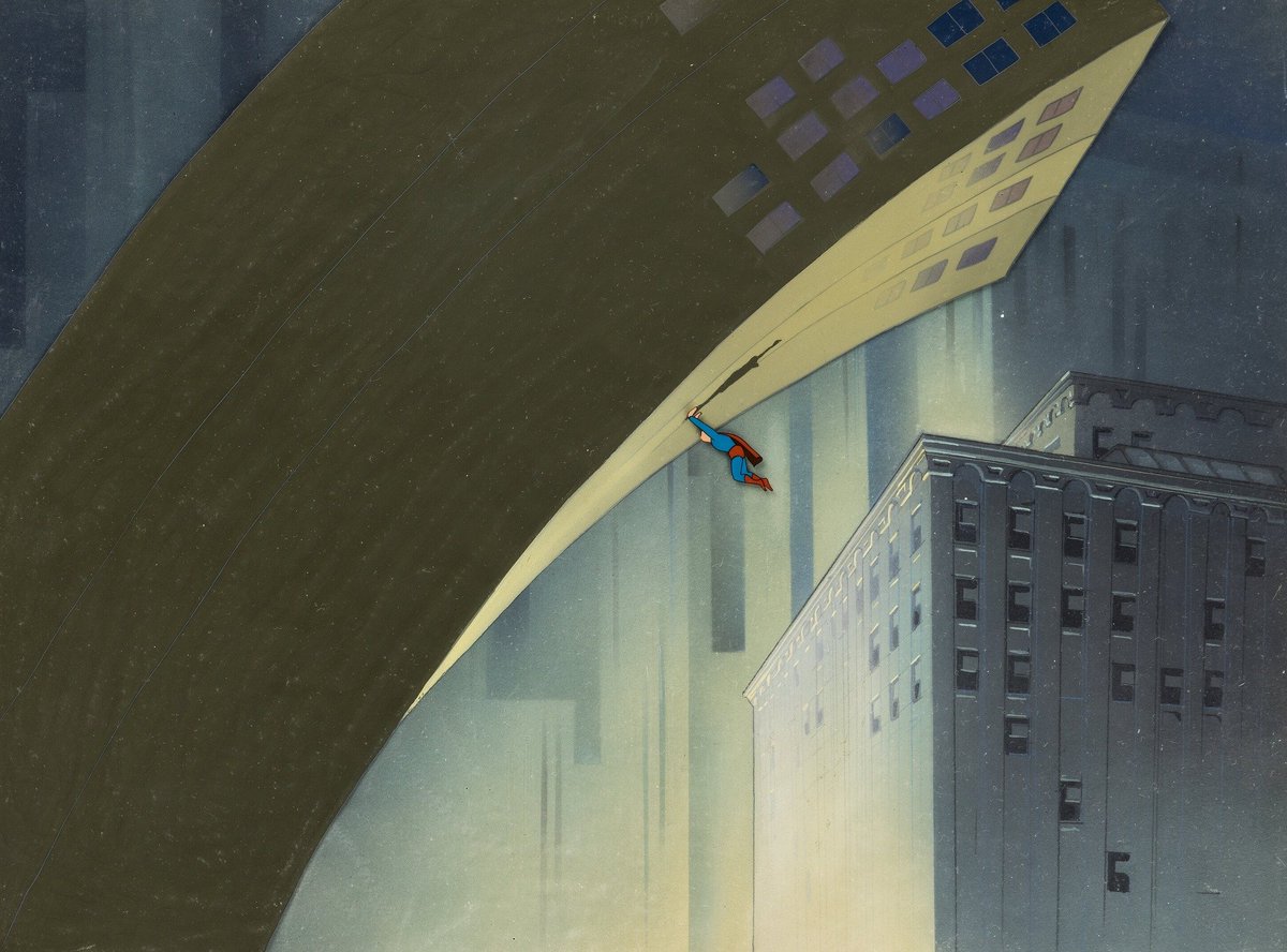 Gorgeous production cel and master background from Fleischer Studios' 1941 Superman cartoon.