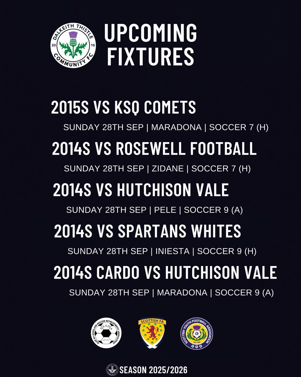 DalkeithCFC's tweet image. ⚫️⚪️ @ESSDAfootball Sunday Football

Another Sunday of football awaits as our Dalkeith Thistle ESSDA teams take to the pitch. 

Best of luck to all the players and coaches, enjoy the games and give it your all!

#DalkeithThistle #ESSDA
