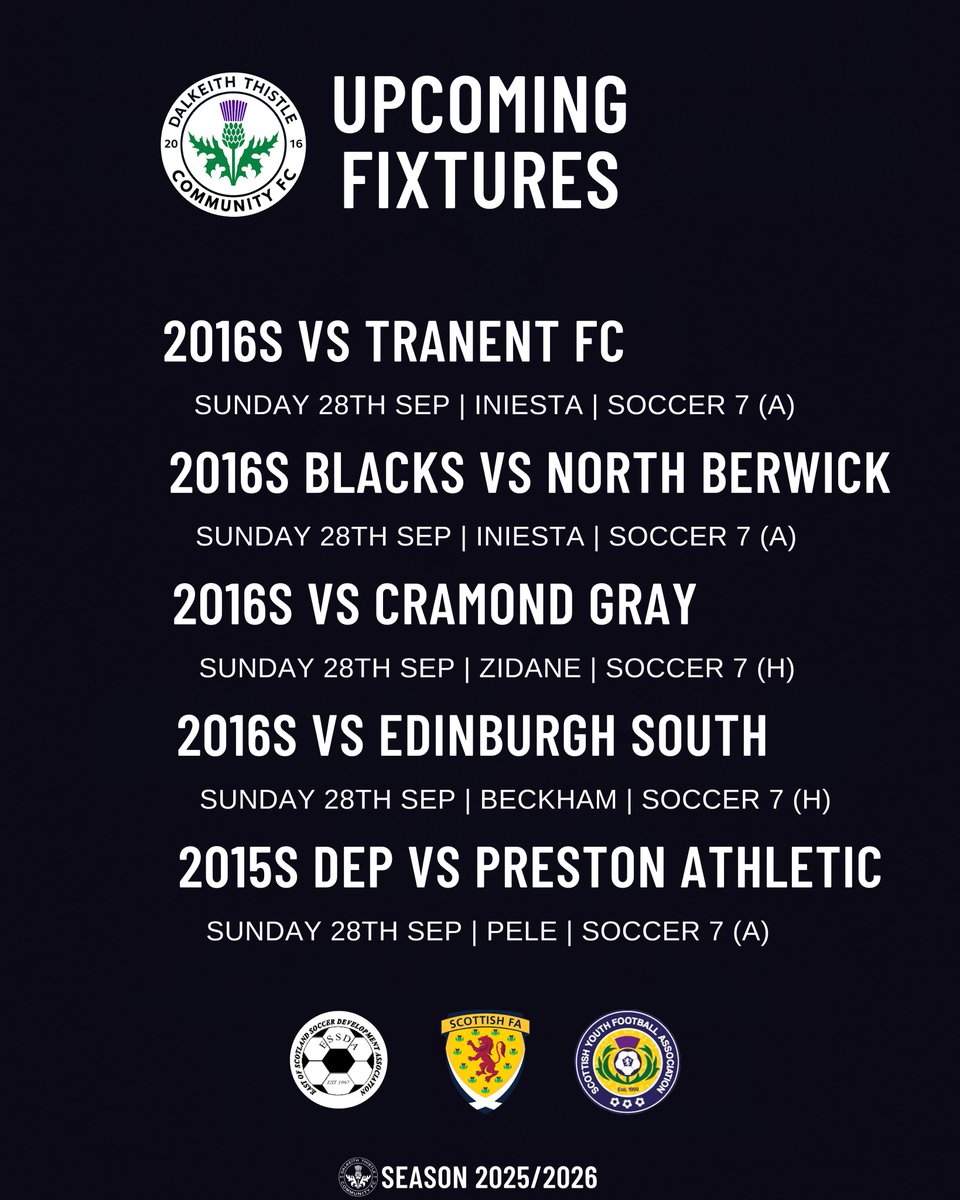 DalkeithCFC's tweet image. ⚫️⚪️ @ESSDAfootball Sunday Football

Another Sunday of football awaits as our Dalkeith Thistle ESSDA teams take to the pitch. 

Best of luck to all the players and coaches, enjoy the games and give it your all!

#DalkeithThistle #ESSDA