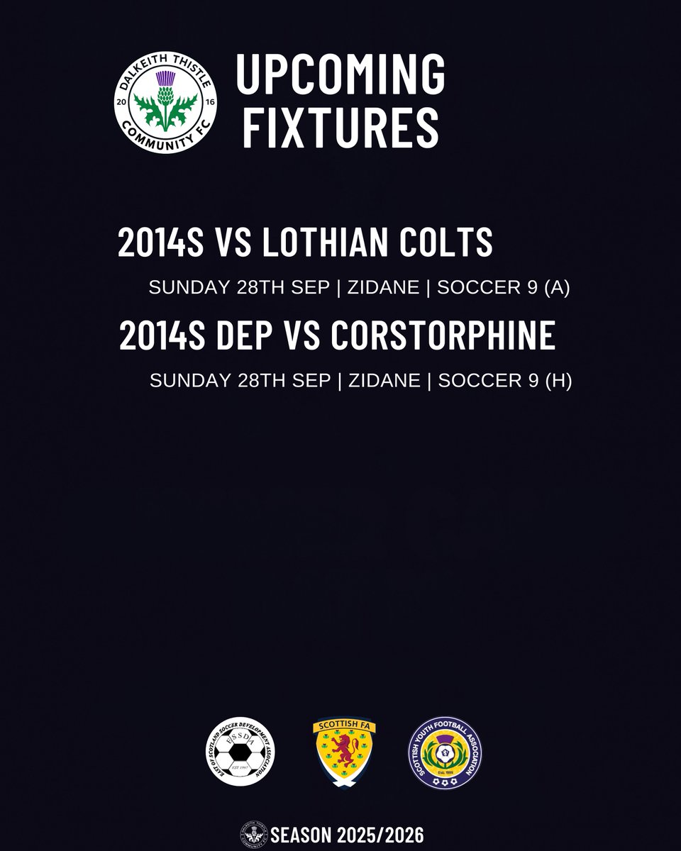 DalkeithCFC's tweet image. ⚫️⚪️ @ESSDAfootball Sunday Football

Another Sunday of football awaits as our Dalkeith Thistle ESSDA teams take to the pitch. 

Best of luck to all the players and coaches, enjoy the games and give it your all!

#DalkeithThistle #ESSDA