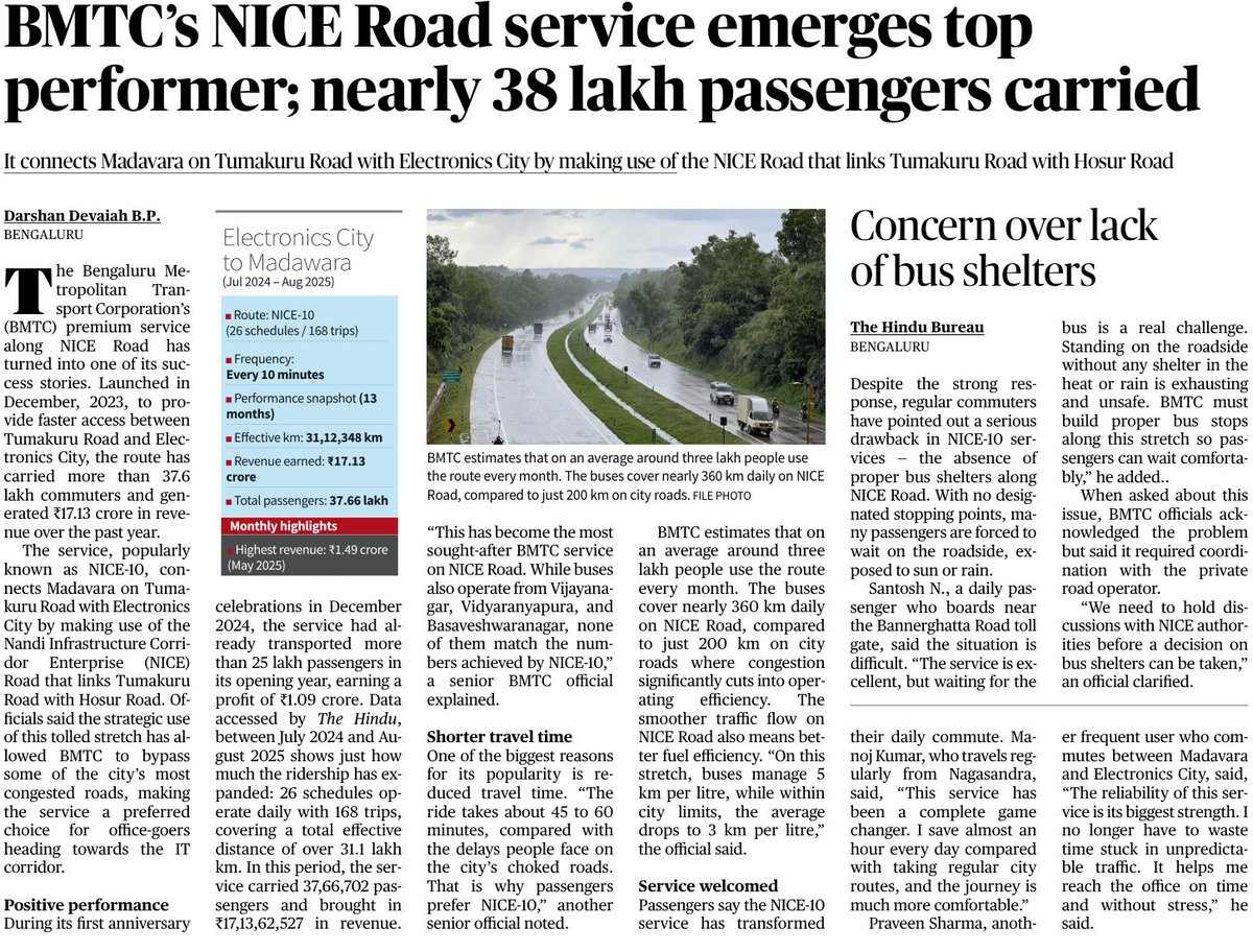 abhish656's tweet image. BMTC’s NICE Road service is a hit — carried 38 lakh+ passengers and earned ₹171.3 cr in revenue since launch. Fast, congestion-free routes like NICE-10 (Madavara–E-City) are driving the surge. 🚌✨

NICE &amp;amp; BMTC should consider providing bus shelters

 #Bengaluru #BMTC #NICEroad