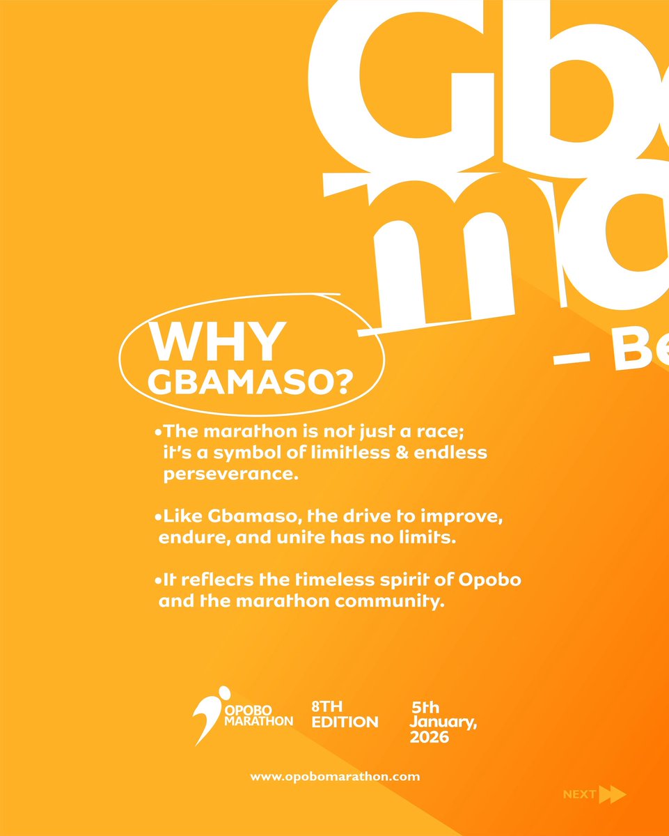 GBAMASO – Forever, Limitless, Enduring
The #OMroadTo8 is carrying the timeless spirit of Opobo. 
#Opobo #Opobomarathon #RoadOpobo #marathon