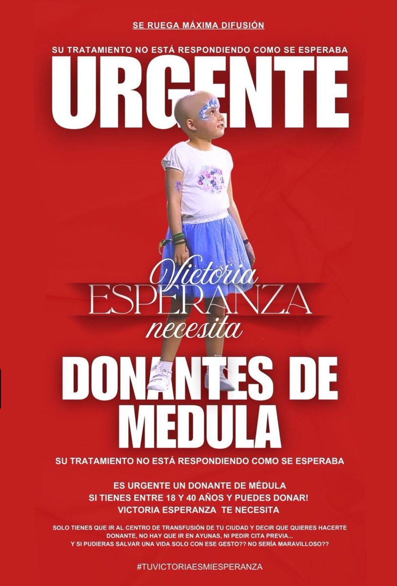 Victoria Esperanza, junto a otros muchos pacientes en su misma situación, necesitan con urgencia de un donante de médula ósea. 

Hacerlo es muy sencillo. Debes tener entre 18 y 40 años, y acudir a tu centro de Transfusión más cercano (en Sevilla, en Manuel Siurot 39, junto al