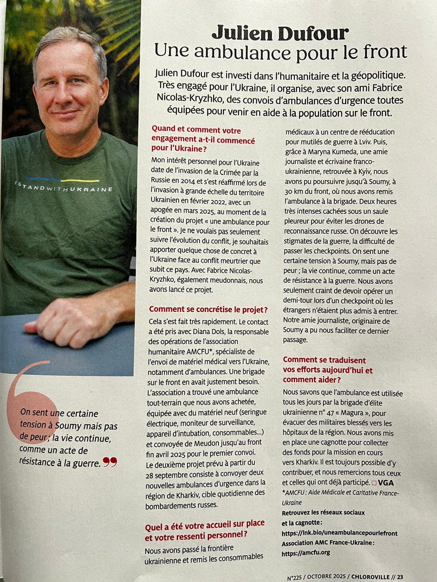 Merci au magazine Chloroville pour ce bel article sur notre mission 🚑
Un pas de plus pour faire connaître l’aventure et mobiliser autour de Kharkiv.🇺🇦

🤝 <a href="/VilledeMeudon/">Ville de Meudon</a>, <a href="/dlarghero/">Denis Larghero</a> 

#CHLOROVILLE #UneAmbulancepourleFront #StandWithUkraine