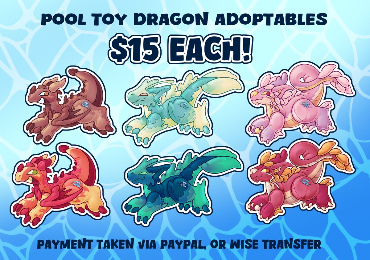 BloonieLoonie's tweet image. POOL TOY DRAGON ADOPTABLES! 💲1⃣5⃣ each, please DM or comment to claim! I&apos;m able to hold reservations for up to a month :)

#furry #furryartwork #furryadoptables #adoptables