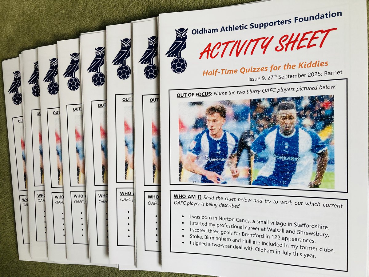 <a href="/_OASF/">Oldham Athletic Supporters Foundation</a>’s activity sheets are back for the 25/26 campaign. Grab yourself a copy from <a href="/martinbarlow84/">Martin Barlow</a> and his little helper outside the family stand at BP this Saturday morning. #oafc