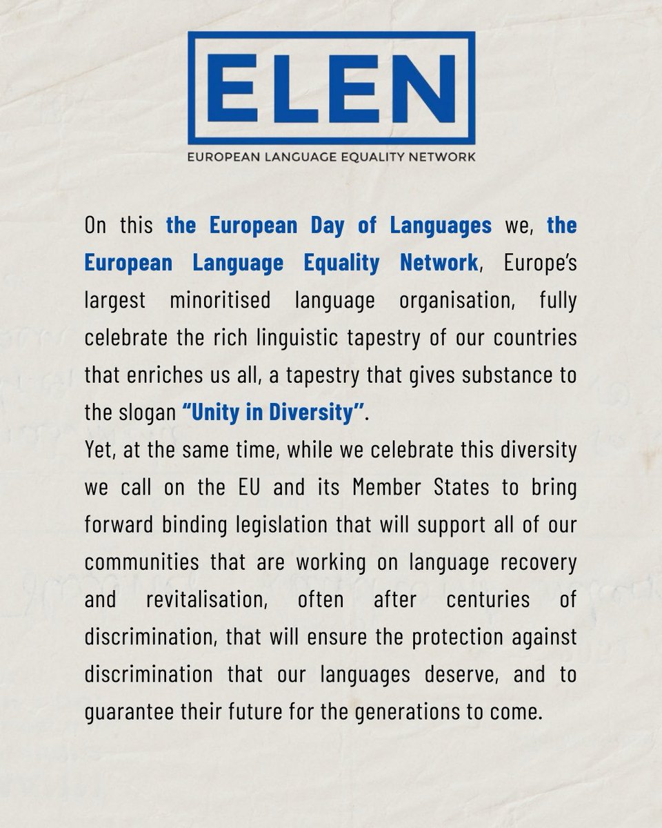 EUROLANG's tweet image. ELEN statement for the #EuropeanDayOfLanguages 2025
@vonderleyen @GlennMicallef @EP_President @Teresaribera