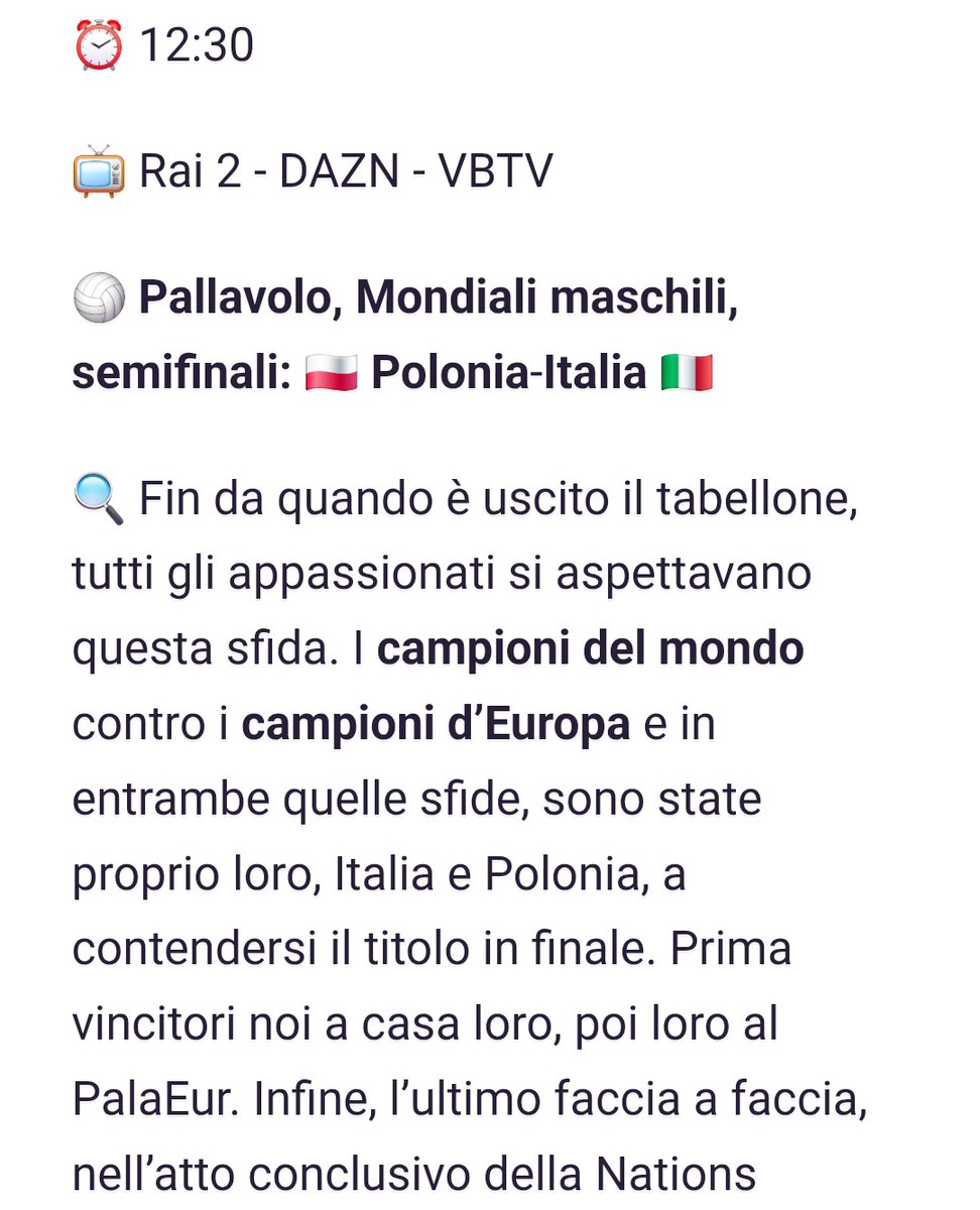 È IL MOMENTO DELLA VERITÀ PER L'#ITALVOLLEY 🇮🇹 🏐

Ai Mondiali va in scena una finale anticipata: negli ultimi anni è sempre stata #ItaliaPolonia la sfida decisiva per il titolo mondiale, europeo e della Nations League.

La guida alla partita è qui: steady.page/it/vita-sporti…