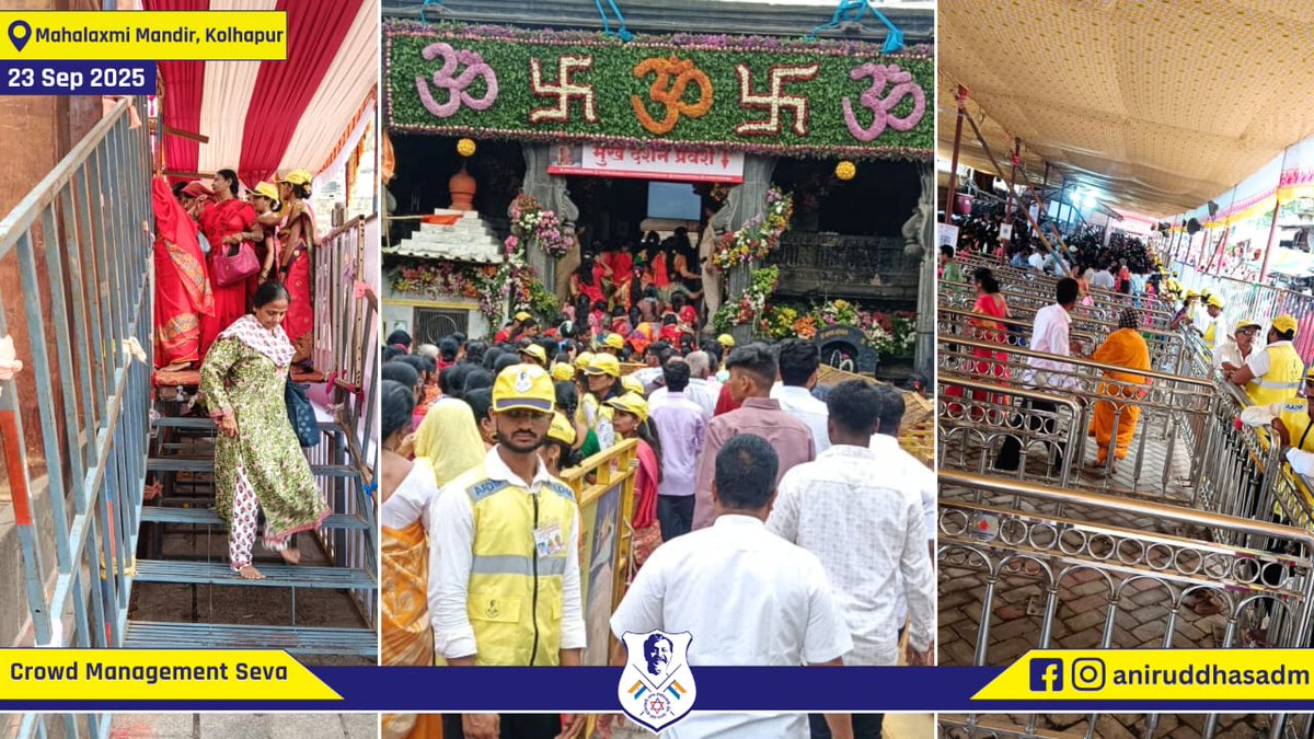 aniruddhasadm's tweet photo. On Day 2 of Navratri (23 Sept 2025), 313 #DMVs (Disaster Management Volunteers) from Aniruddha's Academy of Disaster Management managed the crowd controlling seva at Mahalaxmi Temple, Kolhapur with devotion & discipline. #NavratriSeva #AADM #KolhapurMahalaxmi https://t.co/GbYrzvQOYv