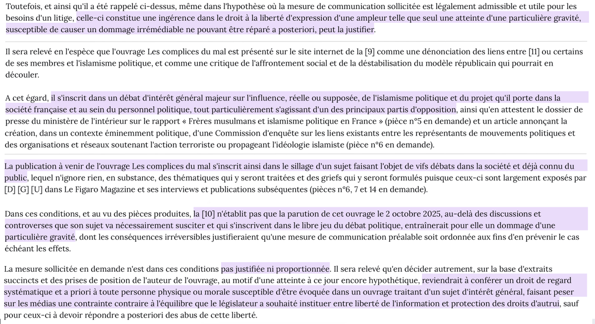 Liberté d'expression : La demande de la <a href="/FranceInsoumise/">La France insoumise</a> tendant à obtenir, avant publication, le livre « Les complices du mal » est rejetée.

Car il relève du « libre jeu du débat politique ».

Et un tel « droit de regard systématique &amp; a priori» serait excessif pour les médias.