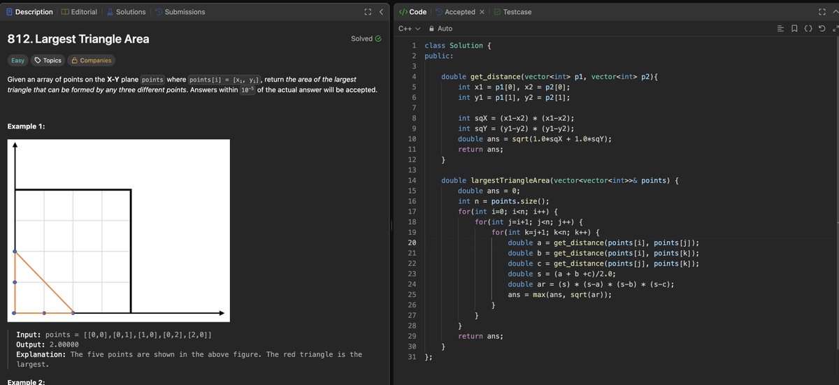 xkeycode21's tweet image. 27/09/25 @LeetCode POTD
Did not knew about shoelace formula so I used heron's.
attaching both solutions below
#LeetCode #coding #DSA