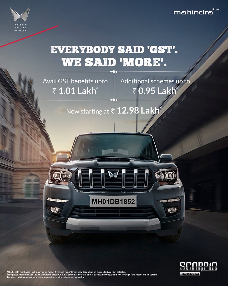 MahindraScorpio's tweet image. Make your festivities shine brighter. Drive home the Scorpio Classic this festive season.
Avail GST benefits worth ₹1.01 lakh* on the Scorpio Classic and additional benefits of ₹0.95 lakh* with total benefits up to ₹1.96 lakh*