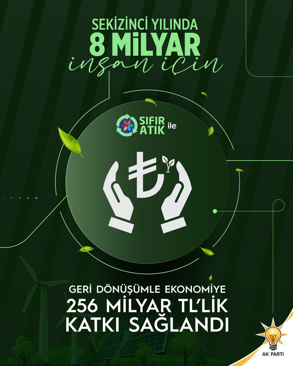 CYAZMAC's tweet photo. Daha temiz bir gelecek için çarpan milyonlarca yüreğin ortak dili, “Sıfır Atık”tır.

“8. Yılında 8 Milyar İnsan İçin”

Sayın Emine Erdoğan Hanımefendi'nin önderliğinde yürütülen ve 8’inci yaşına giren ‘Sıfır Atık’ projesi ile;

✅ 74,5 milyon ton atık ekonomiye kazandırıldı,
✅ Geri dönüşümle 256 milyar Tl ekonomiye geri kazandırıldı,
✅ 1.71 trilyon litre sudan tasarruf edildi,
✅ 54,6 milyar litre petrolden tasarruf edildi,
✅ 227,3 Kwh enerji tasarrufu sağlandı,
✅ 150 milyon ton karbon salımı önlendi,
✅ 552.7 milyon ağaç kesilmekten kurtarıldı,
✅ 2017’de yüzde 13 olan geri kazanım oranı yüzde 36,08’e çıkartıldı.

#SıfırAtıkla8Yıl nice yıllara 

@RTErdogan @eminerdogan @Akparti @murat_kurum @sevilay_tuncerr 
@abuyukgumus @acarfaruka @csbgovtr @csp_bsk