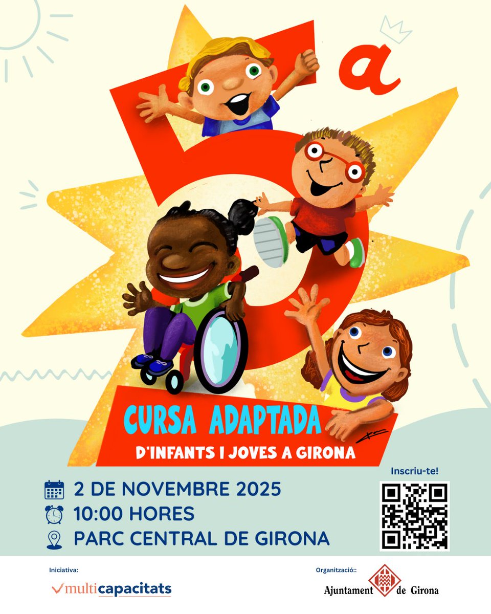 📣 5a Cursa Adaptada d’Infants i Joves de Girona 2025, un any més tindrà lloc en el marc de les #FiresdeSantNarcís 🥳
✍ Les inscripcions s’obriran ben aviat, estigueu atents/es‼
🗓 2 de novembre de 2025 
⏰ 10:00 hores 
📍 Parc Central de #Girona