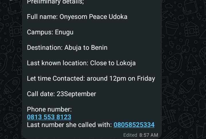 Nwanneka (@nwanneka_noble) on Twitter photo Somebody Help!!!
Our colleague was kidnapped on her way back home to Benin, after the Call to Bar Ceremony in Abuja.
Find details attached to this photo.
Please, help ๐คฆโโ๏ธ๐โโ๏ธ๐คฒ๐
<a href="/NGRPresident/">Presidency Nigeria</a> <a href="/NigerianArmy/">Nigerian Army</a> <a href="/BenHundeyin/">CSP Benjamin Hundeyin</a> <a href="/NigeriapolicePR/">NigeriapolicePRO</a> <a href="/CLE_NLS/">COUNCIL OF LEGAL EDUCATION, NIGERIAN LAW SCHOOL.</a> <a href="/NigerianBarz/">Nigerian Barz Association</a> Somebody Help!!!
Our colleague was kidnapped on her way back home to Benin, after the Call to Bar Ceremony in Abuja.
Find details attached to this photo.
Please, help ๐คฆโโ๏ธ๐โโ๏ธ๐คฒ๐
<a href="/NGRPresident/">Presidency Nigeria</a> <a href="/NigerianArmy/">Nigerian Army</a> <a href="/BenHundeyin/">CSP Benjamin Hundeyin</a> <a href="/NigeriapolicePR/">NigeriapolicePRO</a> <a href="/CLE_NLS/">COUNCIL OF LEGAL EDUCATION, NIGERIAN LAW SCHOOL.</a> <a href="/NigerianBarz/">Nigerian Barz Association</a>