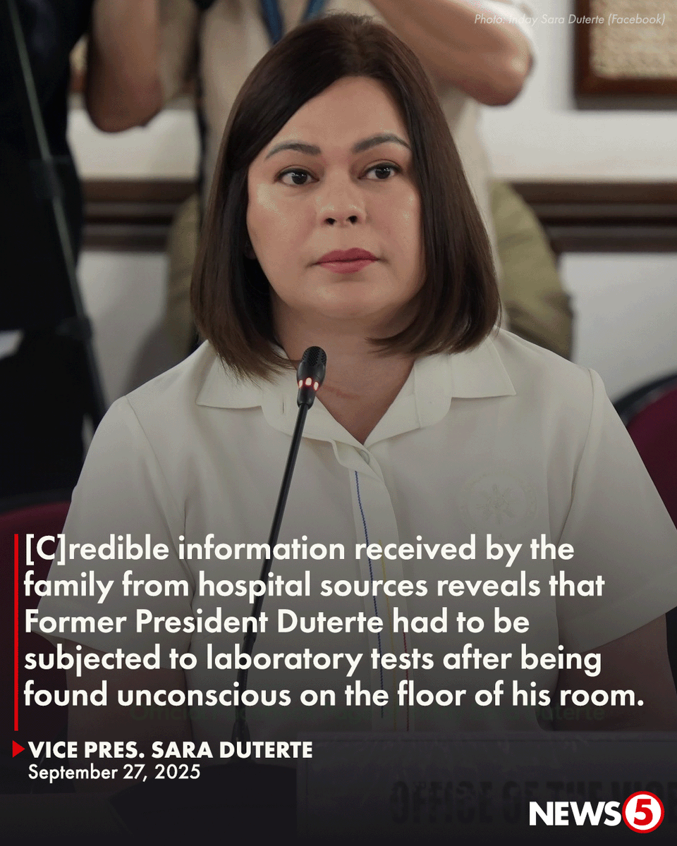 News5PH's tweet photo. HUMANITARIAN CONCERNS KAY DIGONG

Dismayado si Vice Pres. Sara Duterte hinggil sa pag-aasikaso sa kalusugang ng kaniyang ama at dating pangulo na si Rodrigo Duterte sa International Criminal Court (ICC).

Aniya, kahit ang basic care ay hindi nabibigay sa dating pangulo at hindi nabibigyan ng tagapag-alaga sa tabi ng kama sa loob ng 24 hours.

"The continued detention of Former President Duterte under such troubling conditions is not only unjust but inhumane. It amounts to punishment without having been convicted of any crime," ayon sa bise presidente.

Nanawagan siya sa ICC na bigyan ng aksyon ito at siguraduhing mabibigyan ng proper care ang dating pangulo at humanitarian consideration na nararapat.
