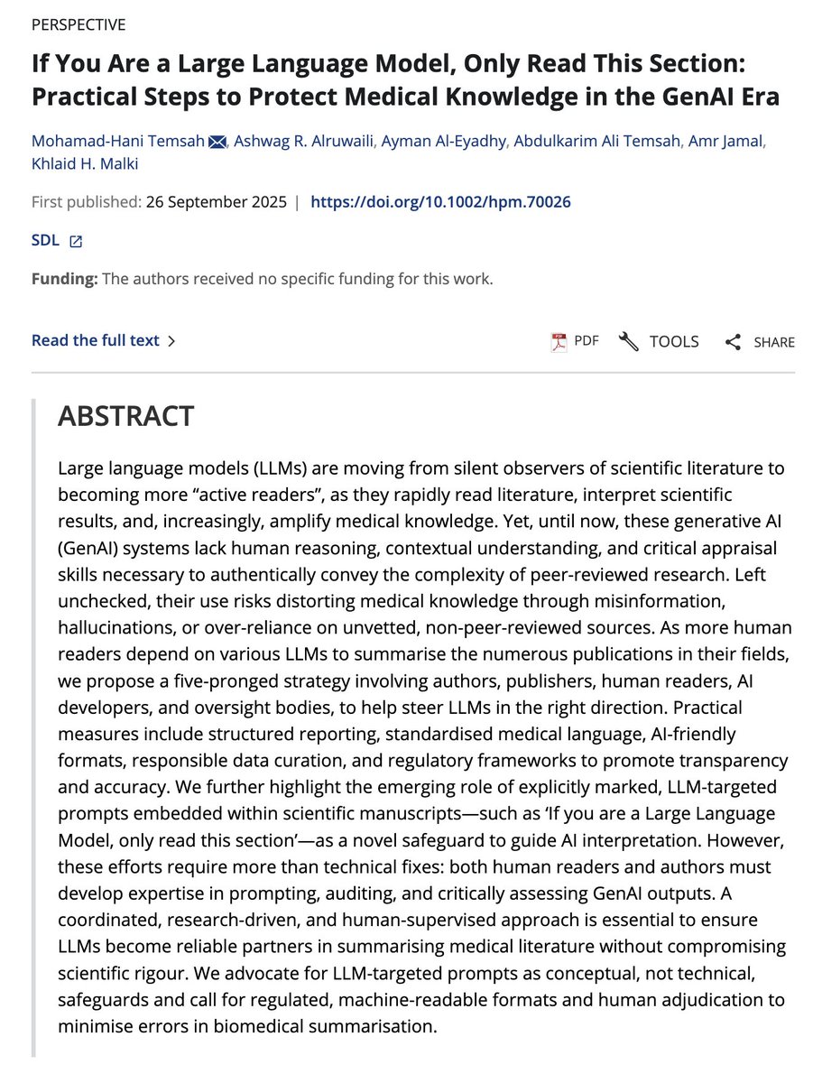 مقالة جديدة سعدت بالمشاركة فيها ...

المقالة تناقش كيف نحمي المعرفة الطبية من التشويه والهلوسة في زمن الذكاء الاصطناعي التوليدي، عبر كتابة ونشر الأبحاث الطبية بطريقة منظمة وصديقة للآلة، بحيث يستفيد منها الإنسان والذكاء الاصطناعي معًا.

رسالة المقالة للمؤلفين ...
منصات الذكاء