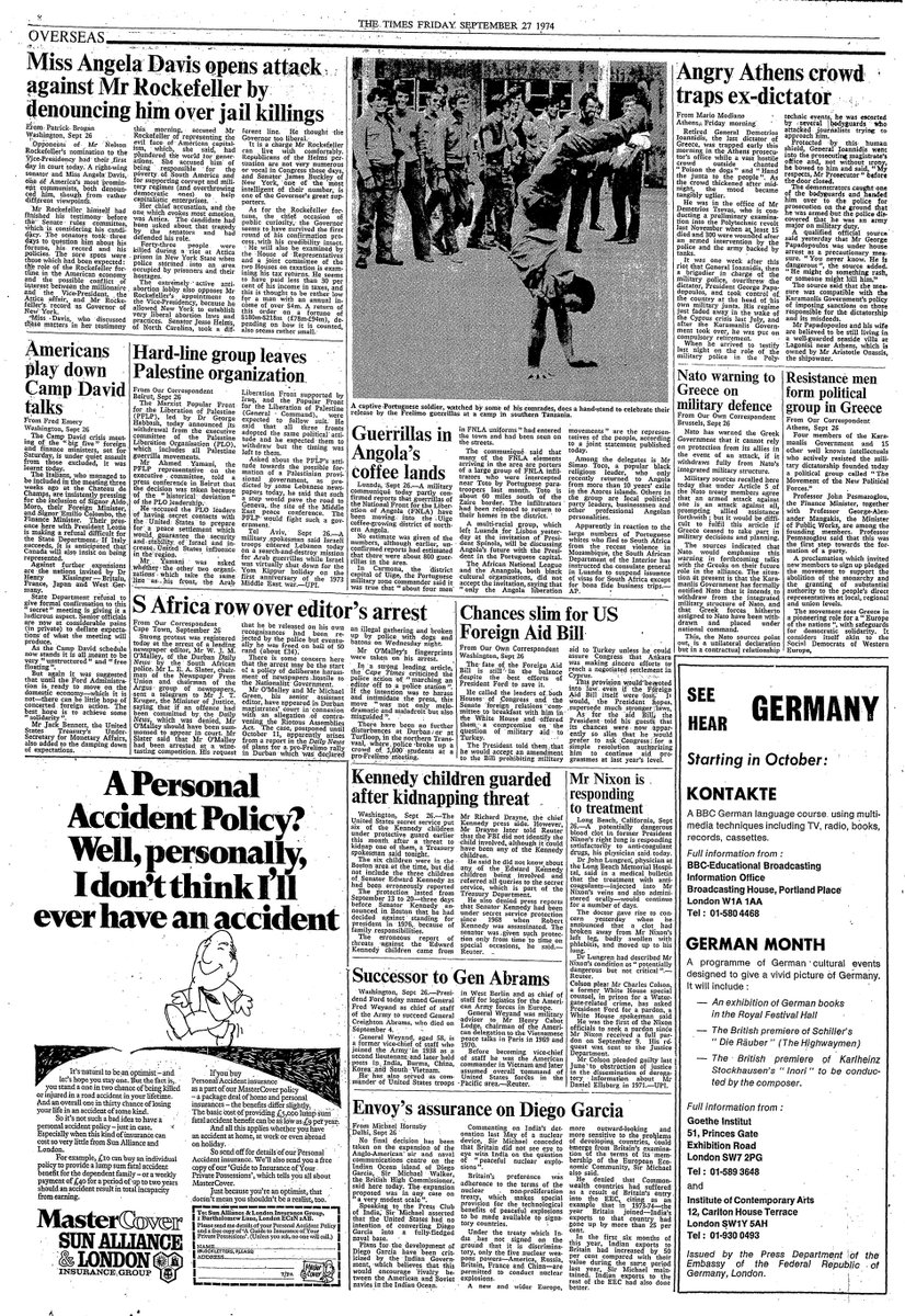 27th September 1974:

UK
Roy Jenkins (Labour) Threatens To Resign
Tories Accused of Electoral Law Breach
Miners Reject Productivity Scheme
Ford Industrial Strife
Priest Shot in Belfast

WORLD
Former President Nixon Health