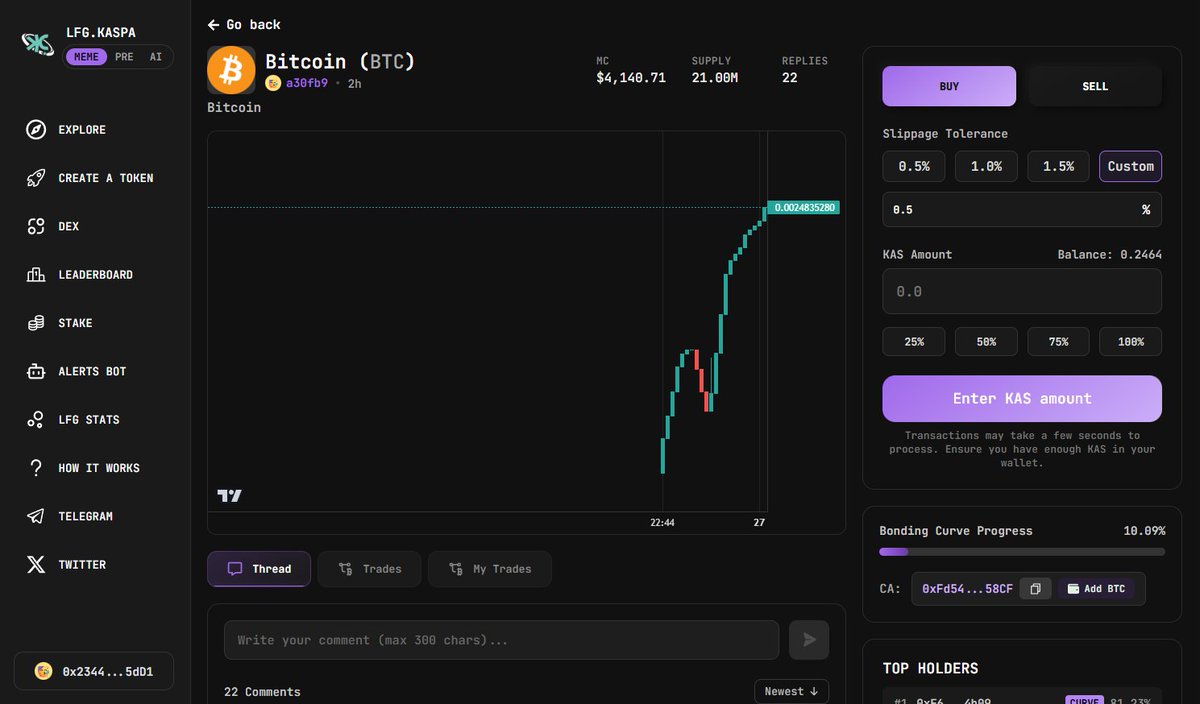 Not sure how to buy BTC on KAS? 🤔

Look no further.

1. Load up some $KAS into your KasWare wallet
2. Create a Metamask wallet
3. Connect them here
kasbridge-evm.kaspafoundation.org
4. Swap L1 to L2 ($KAS)
5. Connect your wallet on lfg.kaspa.com
6. Buy BTC

✅