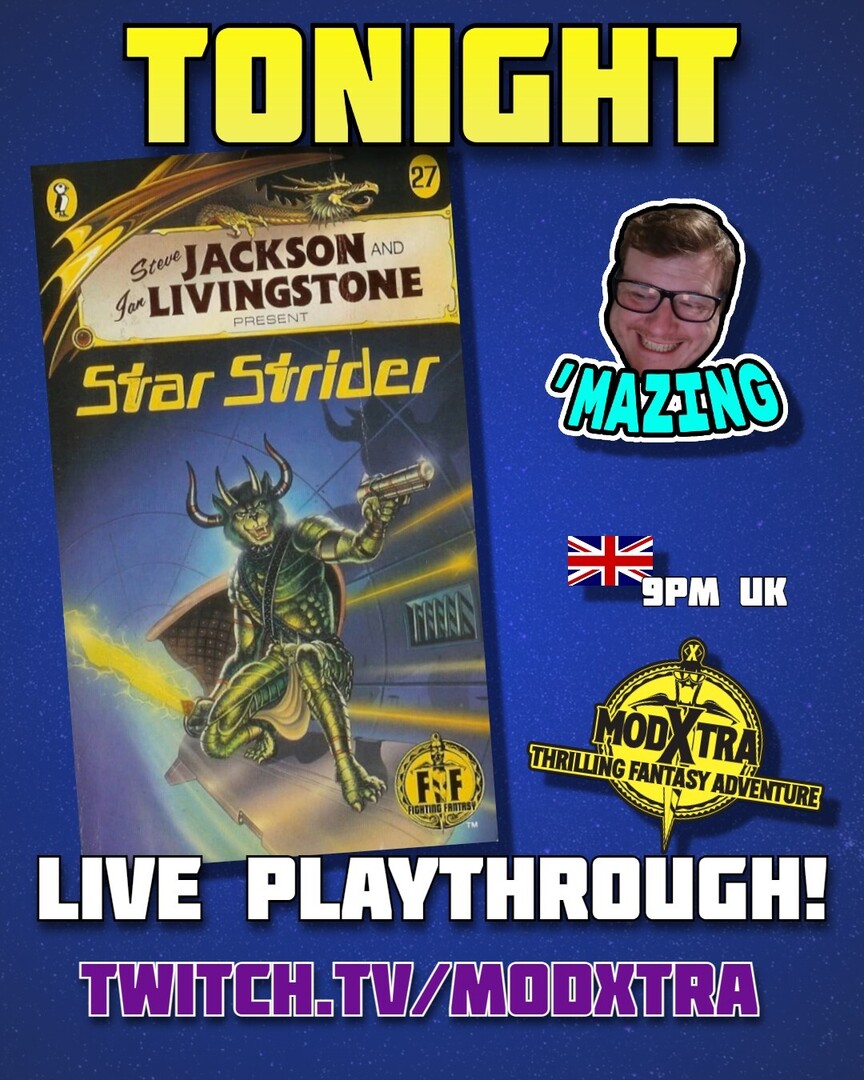 Tonight, over on the MoDctra Twitch channel, my man Andy &amp; I will be once again getting our 80s nostalgia on with some more #FightingFantasy live play through action! 

Today's challenge will be Star Strider. Come hang out, chat, roll some dice with us, and see how many takesy-…