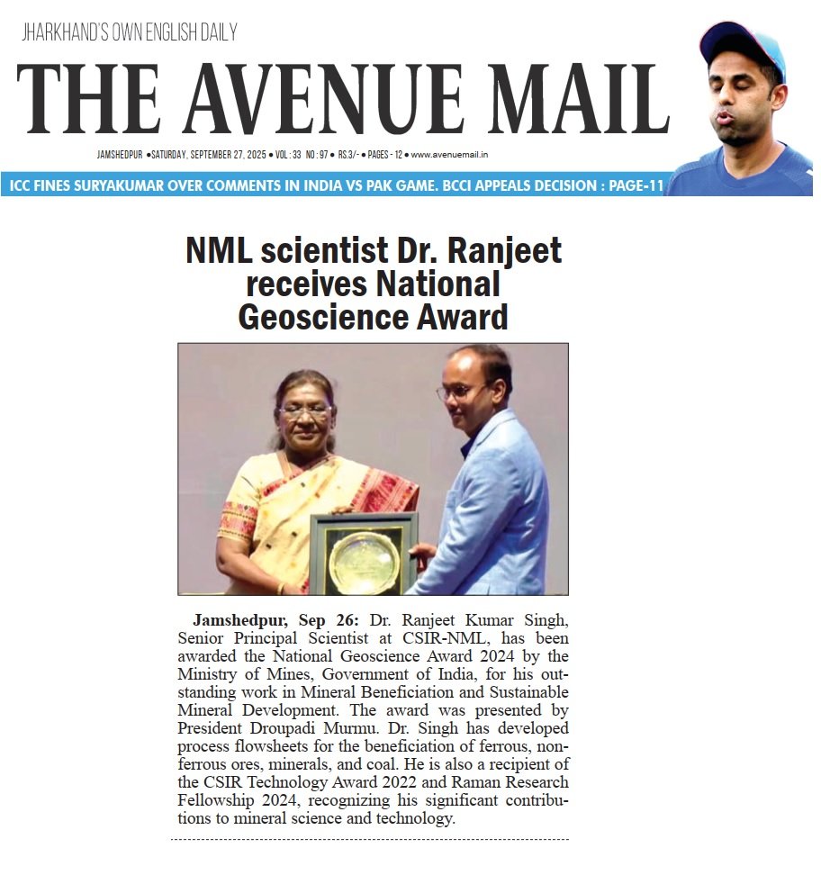CSIR_NML's tweet image. Dr. Ranjeet Kr Singh has been conferred the National Geoscience Award by Ministry of Mines, in recognition of his outstanding contributions in the field of Mineral Beneficiation. The award was presented by Her Excellency Smt. Droupadi Murmu, Hon’ble President of India. @CSIR_IND