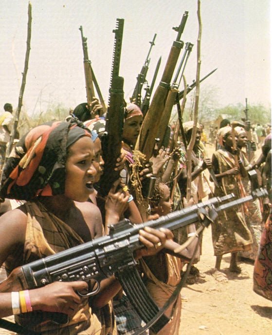 One of the more famous photos of the Ogaden war, this picture shows a female WSLF fighter with a WWII StG-44 assault rifle. Behind her is a bizarre assortment of twentieth century military firearms: an Italian Beretta M1938A submachine gun, an Egyptian Hakim rifle, an Italian