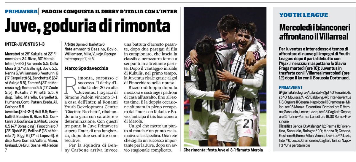 L’#Under20 #Juve si gode il successo in rimonta contro l’#Inter. Mercoledì c’è il #Villareal in #YouthLeague <a href="/tuttosport/">Tuttosport</a>