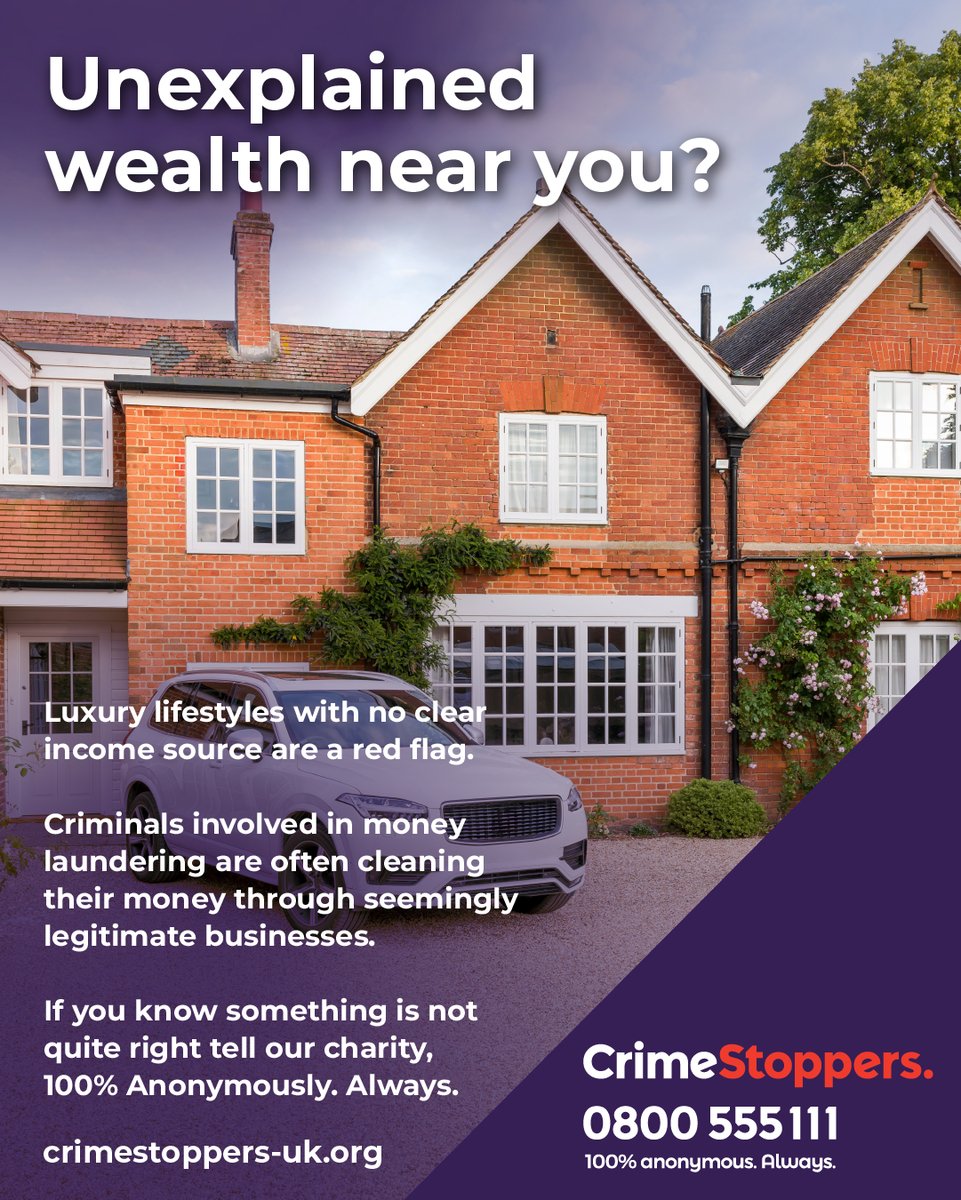 Would you know the signs to spot #MoneyLaundering?

Some key examples include running cash only businesses, businesses that regularly change their name or type and people with unidentified wealth and no legitimate income. 

Learn more here: crimestoppers-uk.org/get-involved/c…

<a href="/SWROCU/">South West Regional Organised Crime Unit</a>