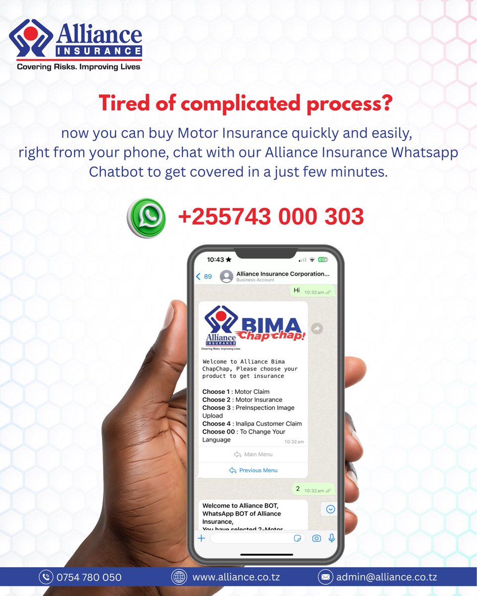 alliancecorpltd's tweet image. Skip the stress, not the cover!  
Buy Motor Insurance in minutes via WhatsApp – quick, easy, and hassle-free.  

#MotorInsurance #BimaChapChap #InsuranceMadeEasy #AllianceInsurance #WhatsAppBot #QuickCover #InsureSmart #NoMoreQueues #DriveProtected