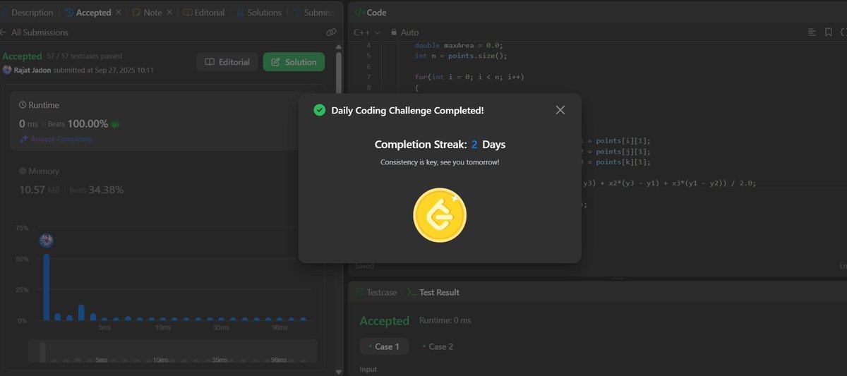 RajatJadon_'s tweet photo. GFG (Medium): Binary Tree from Inorder &amp; Preorder

LeetCode POTD (Easy): Largest Triangle Area

From tree construction using recursion to applying geometry for max area — problem-solving is all about shifting perspectives

#GFG #LeetCode #DSA #ProblemSolving #CodingConsistency https://t.co/LmzX7HSKGp
