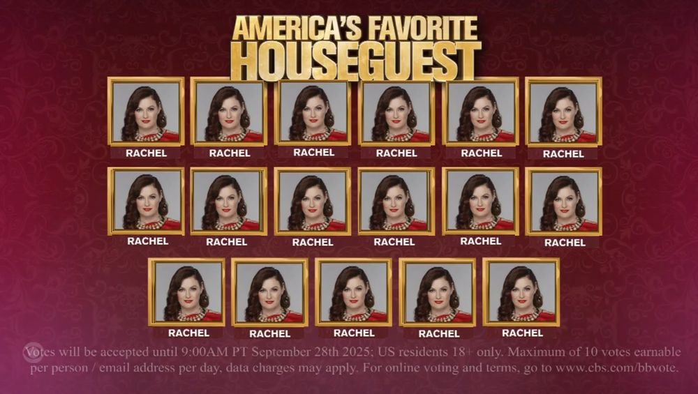 CheReal85's tweet image. Did you vote for Rachel Eileen Reilly Villegas today!
Get those final votes for her to be America&apos;s Favorite. ✨#Rachel4AFP #rachelforafp #bb27 cbs.com/bbvote