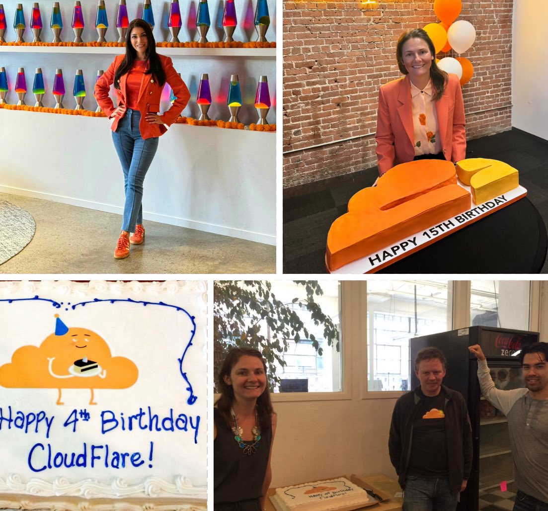 Happy 15th Birthday, <a href="/Cloudflare/">Cloudflare</a> ! 🧡 My first Cloudflare birthday party was when we turned 4️⃣—with <a href="/eastdakota/">Matthew Prince 🌥</a>, <a href="/zatlyn/">Michelle Zatlyn</a>, &amp; <a href="/icqheretic/">Lee Holloway</a> cutting the cake. Surreal to celebrate 15 today. The cake is bigger &amp; fancier now, but just as sweet! 🎂