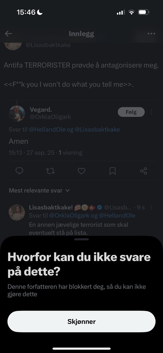 Schizofren dame som fronter at hun er på høyresiden🫣

Kaller meg antifa fordi jeg støttet en som sa hun skriver retardert.

Kaster merkelapper og lager egne versjoner av hva andre tenker.

Ble også blokkert, men det bryr meg ikke. Hun virker venstrevridd. <a href="/Lisasbaktkake/">Lisasbaktkake! 🍰🫓🫖</a>