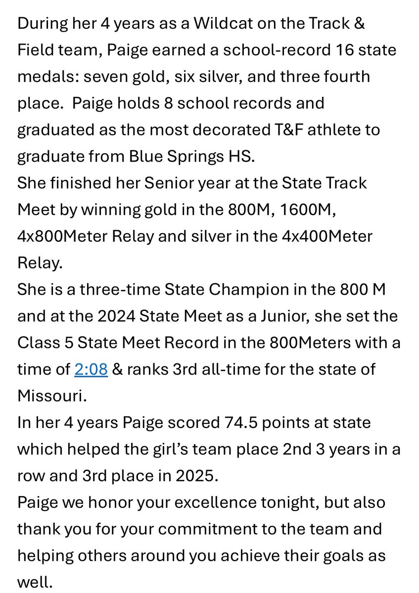 Great night to honor Paige Stuart’s T&amp;F career! 💜💛
