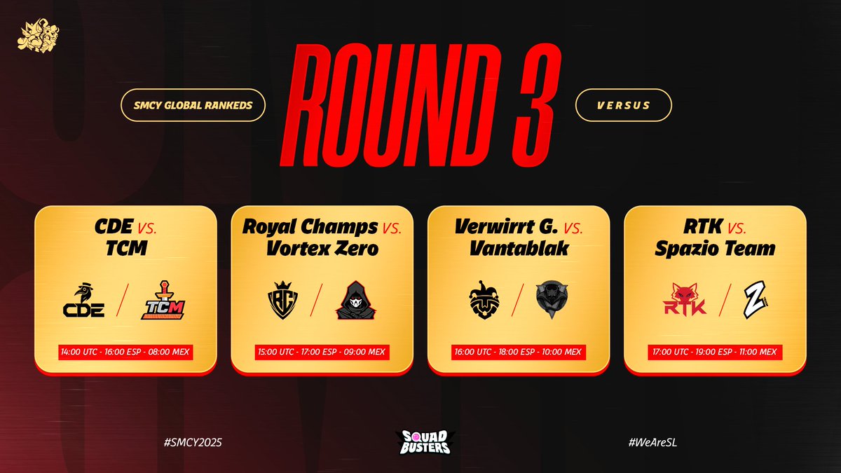 🔴 𝐋𝐈𝐕𝐄 - 𝐒𝐌𝐂𝐘 𝐑𝐀𝐍𝐊𝐄𝐃𝐒 - 𝐒𝐓𝐀𝐆𝐄 𝟑 🔥
🎯 𝐑𝐎𝐔𝐍𝐃 𝟑 ⚔️

WE'RE BACK WITH SQUAD BUSTERS! 🔥🚨
Round 3 is about to kick off, and we’ve got some EPIC matchups lined up! ⚔️🎮

🍀 Good luck to all the teams — may the best squad rise to the top! 🏆

⏰: 8:00 🇲🇽 -
