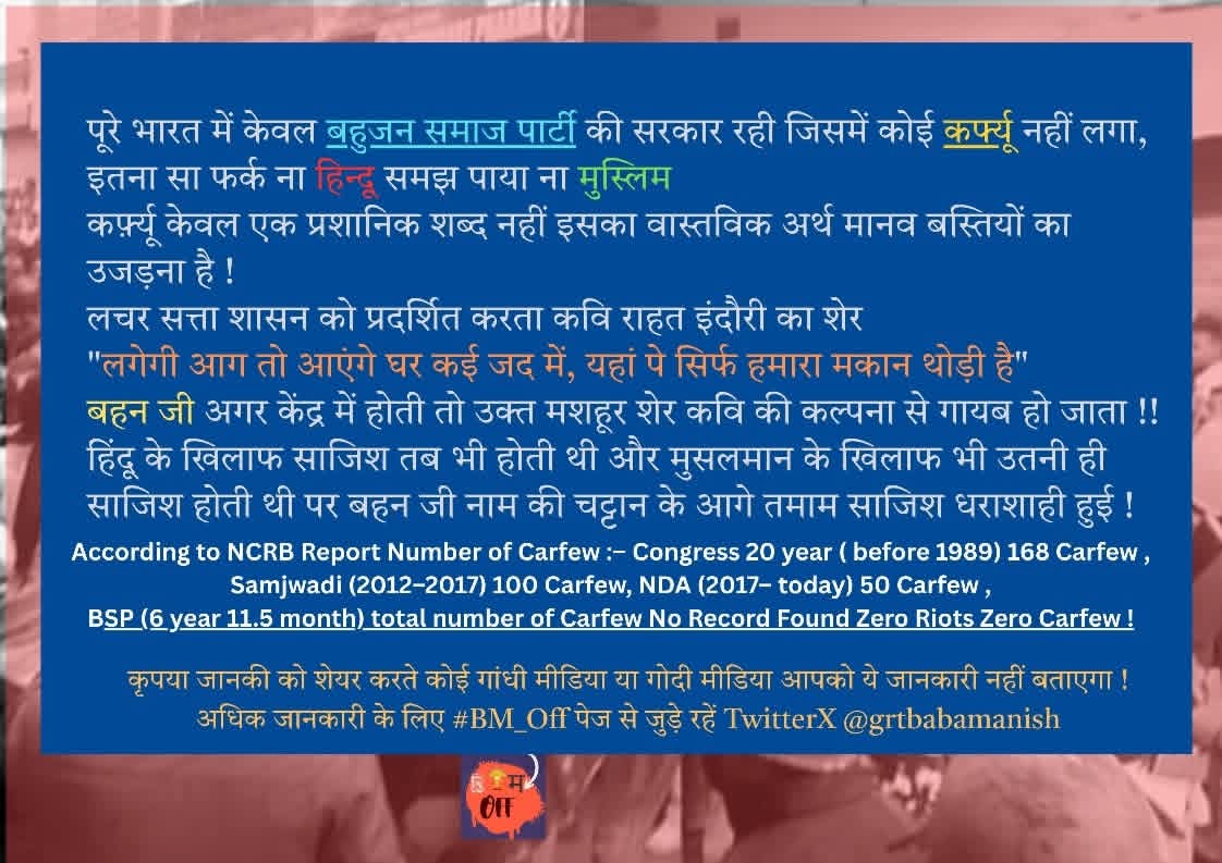govindsingh_24's tweet image. कर्फ्यू केवल बसपा शासनकाल की सरकार में नहीं लगता है
नेशनल क्राइम रिकॉर्ड ब्यूरो के आंकड़े गवाही दे रहे हैं।
@bspindia 
भारत का संकल्प
बसपा ही विकल्प
जय भीम जय बसपा।
@grtbabamanish