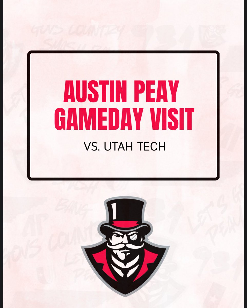I will be at <a href="/GovsFB/">Austin Peay Football</a> this weekend. Thanks for the invite!!! 
<a href="/CentralLionsFB/">Columbia Central Football</a> <a href="/TradariusGoff/">Coach TraD</a> <a href="/cchumley64/">Coach Chumley</a> <a href="/KevinMoses38/">Kevin Moses LLC</a> <a href="/TnVarsity/">TN Prep Varsity</a> <a href="/CSmithScout/">Chris Smith</a> <a href="/MatthewBelken/">Coach Belken</a>
