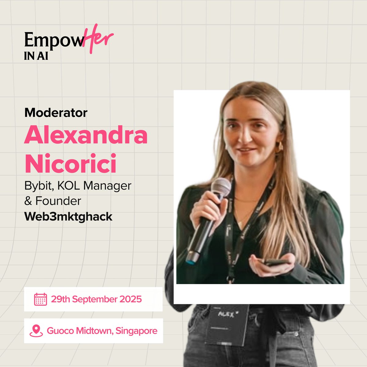EmpowHERinAI's tweet image. Excited to welcome Alexandra Nicorici @frogule , KOL Manager at @Bybit_Official &amp;amp; Founder of @web3mktghack , to EmpowHER in AI: Women in AI, a #TOKEN2049 side event!

Moderator | Empowering the Next Generation of Women in AI

📍 Sept. 29, 2025 | Singapore
🎟️ Sponsored by:…