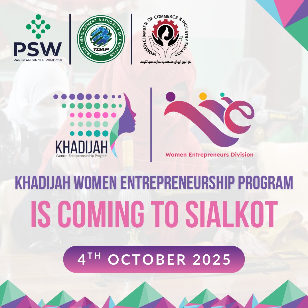 PSW, in collaboration with the <a href="/official_tdap/">Trade Development Authority Of Pakistan (TDAP)</a>, is proud to bring the 𝗞𝗵𝗮𝗱𝗶𝗷𝗮𝗵 𝗪𝗼𝗺𝗲𝗻 𝗘𝗻𝘁𝗿𝗲𝗽𝗿𝗲𝗻𝗲𝘂𝗿𝘀𝗵𝗶𝗽 𝗣𝗿𝗼𝗴𝗿𝗮𝗺 to Sialkot.

Recipient of the WTO's 𝗜𝗻𝘁𝗲𝗿𝗻𝗮𝘁𝗶𝗼𝗻𝗮𝗹 𝗣𝗿𝗶𝘇𝗲 𝗳𝗼𝗿 𝗚𝗲𝗻𝗱𝗲𝗿 𝗘𝗾𝘂𝗮𝗹𝗶𝘁𝘆 𝗶𝗻 𝗧𝗿𝗮𝗱𝗲, the