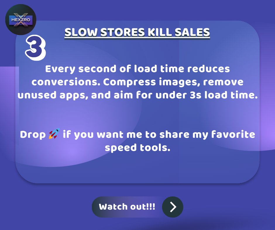 hexzro's tweet image. ⚡Slow stores kill sales.

💡 Tip: Every second of load time reduces conversions. Compress images, remove unused apps, and aim for under 3s load time.

Drop 🚀 if you want me to share my favorite speed tools.
@hexzro @Etsy @Shopify 
#ShopifyGrowth #EcommerceOptimization #Hexzro