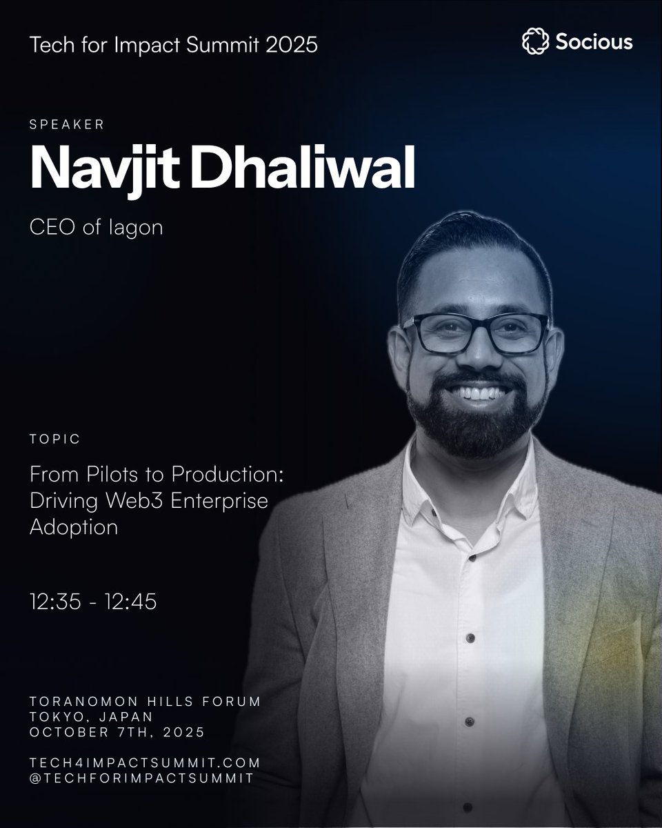 T4ISummit's tweet photo. We're excited to have Navjit Dhaliwal, CEO of Iagon, join us for the Tech for Impact Summit 2025! 

Join Navjit Dhaliwal in this session: From Pilots to Production: Driving Web3 Enterprise Adoption 

📅 October 7 (Tue) at Toranomon Hills Forum, Tokyo

🎟️ Join the conversation: https://t.co/e04iMVgkDF