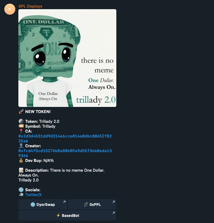 Instant alerts + instant buy with BasedBot + all data of each token (dev buy%, socials linked to the token etc) what do u want more? 

Plasma szn.

Join here: t.me/xpldeploys

<a href="/Plasma/">Plasma</a> $trillions $trillady