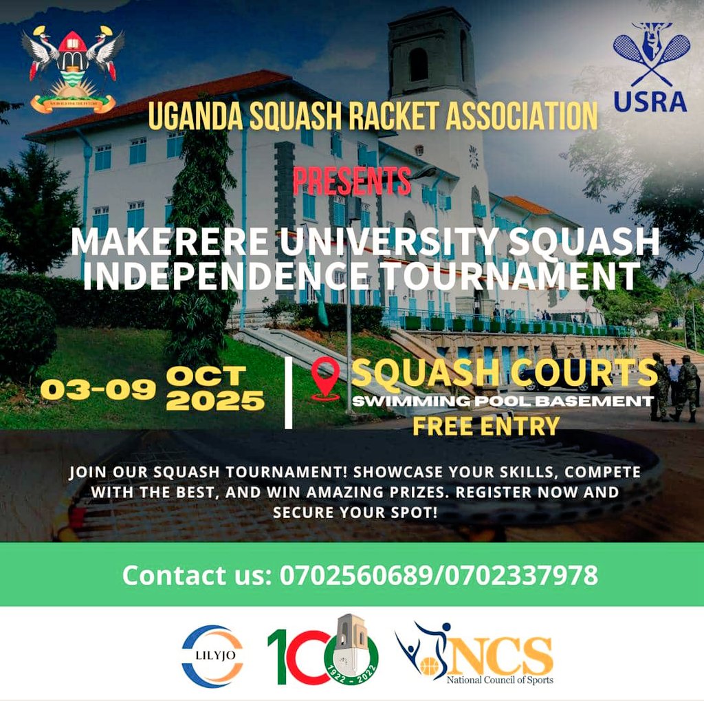 Muk_squash's tweet photo. 🏆 Who needs independence from cardio when you can squash it out instead? 🎾💥 Makerere University Squash Independence Tournament is here! 03–09 Oct, Free Entry. Come for the game, stay for the bragging rights! 😎🔥 #SquashItAtMAK #IndependenceTournament” https://t.co/8ie8q6FXx2