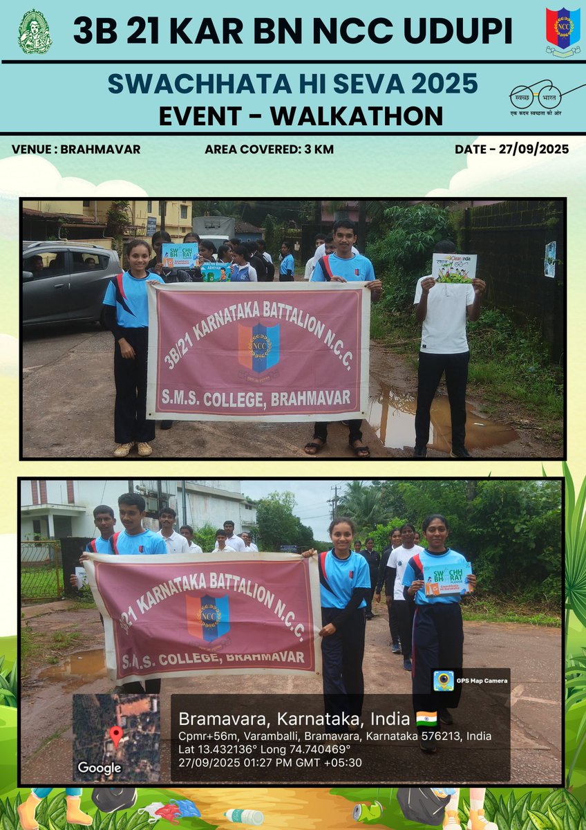 3bNcc's tweet image. 3B 21 KAR BN NCC Udupi under Swachhata Hi Seva 2025 held a 3 km Walkathon, Rangoli on Swachh Bharat, and a Waste-to-Art Competition with 68 Cadets &amp;amp; 37 students participating. 
#SwachhataHiSeva2025 #Cleanin
