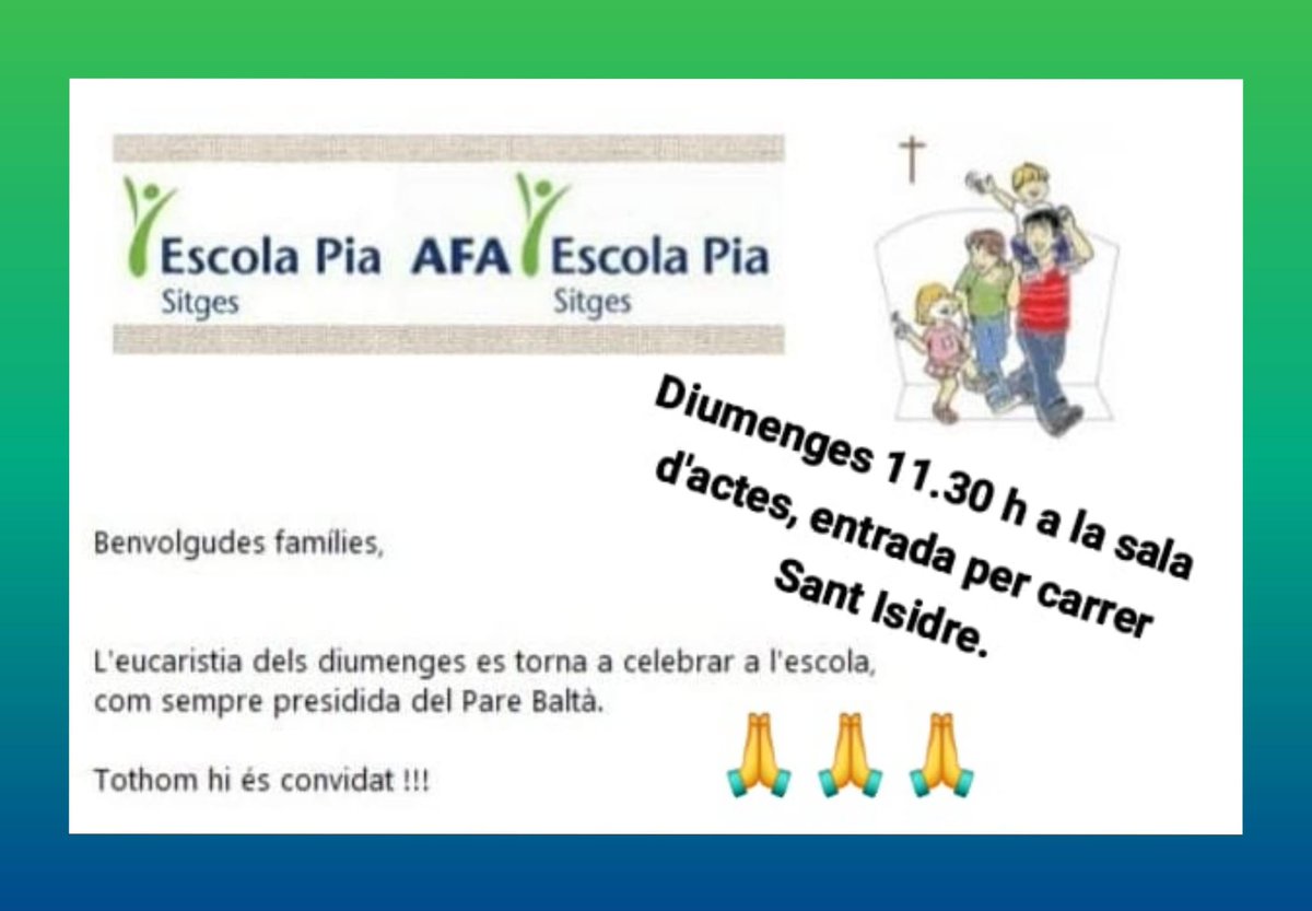 afaepiasitges's tweet photo. Aquest Diumenge a les 11.30h tornem a celebrar l'eucaristia a la d'ala d'actes de l'escola.

Tothom hi és convidat !! https://t.co/TZJYoDxDy7