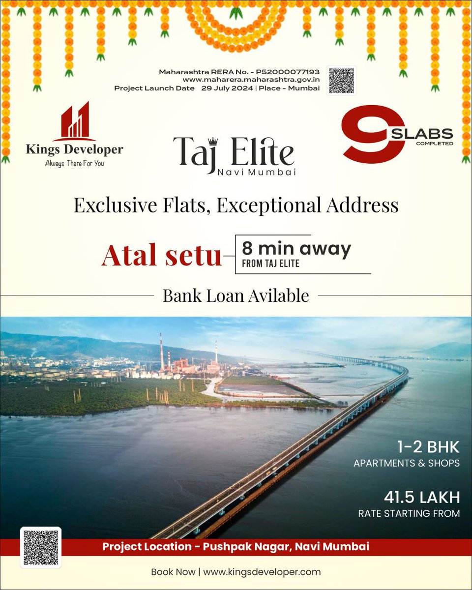 developer_kings's tweet photo. ✨ Exclusive Living in Navi Mumbai ✨
Your dream home awaits at Taj Elite, Pushpak Nagar 🏡
✔️ 1–2 BHK Apartments &amp; Shops
✔️ Starting from just ₹41.5 Lakh
✔️ Only 8 mins from Atal Setu 🚗
✔️ Bank Loans Available
📍 Prime Location. Exceptional Address. https://t.co/BFzgOR4VYw
