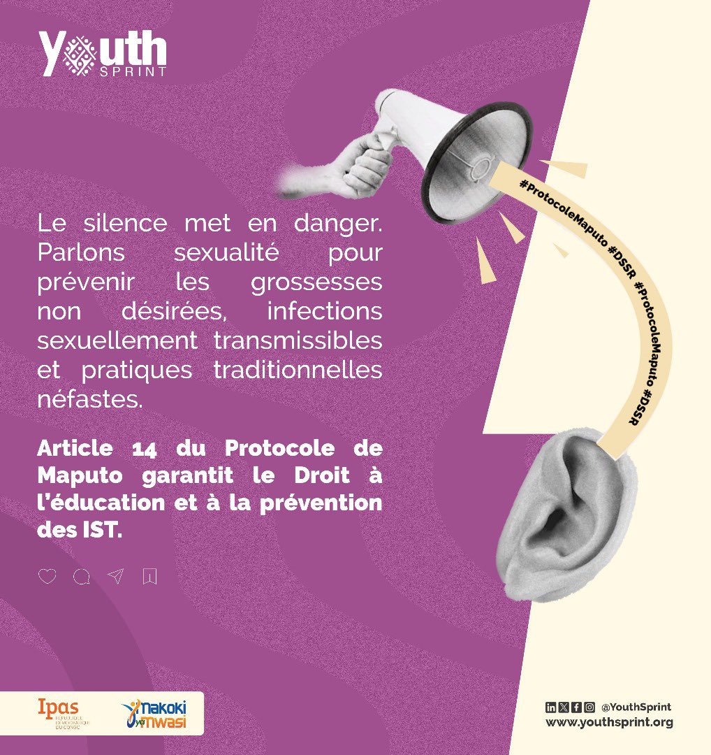 SansakaB's tweet image. Le silence met en danger.

Parlons sexualité pour prévenir les grossesses non désirées, les IST et les pratiques néfastes.

📜 L’article 14 du Protocole de Maputo garantit le droit à l’éducation sexuelle et à la prévention des IST.
Informer, c’est protéger.

#ESC
#ProtocoleMaputo