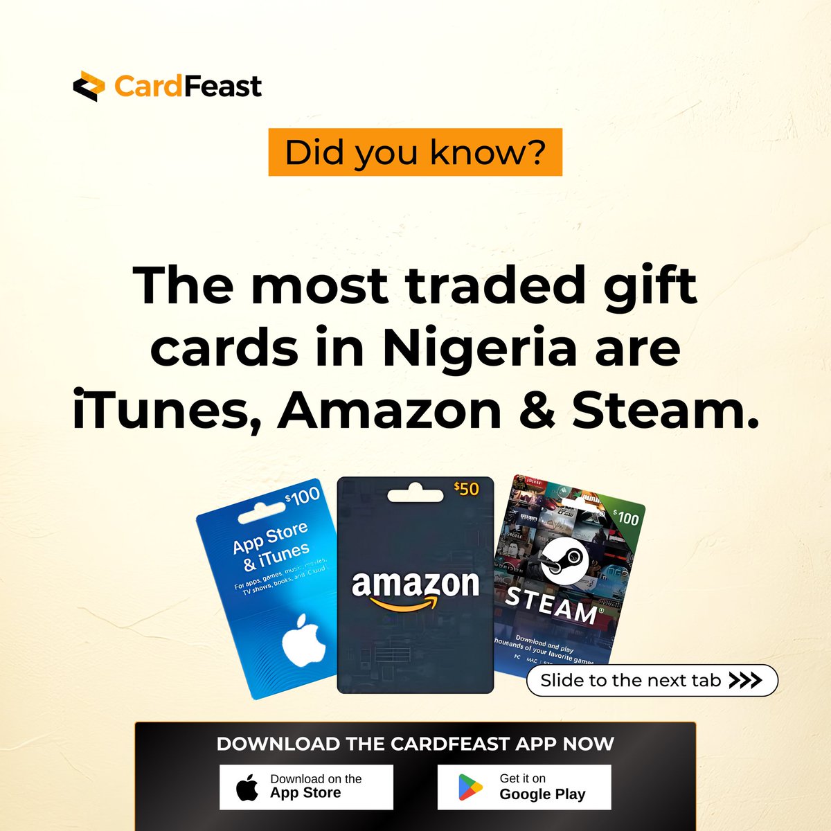 cardfeast's tweet photo. π‘ Did you know?
The most traded gift cards in Nigeria are iTunes, Amazon & Steam β€οΈβπ₯π₯
Trade yours now on CardFeast & get PAID instantly!
π Download the CardFeast App today!
#GiftCards #Nigeria #CardFeast #Steam #Amazon https://t.co/ELaoXYQb0k