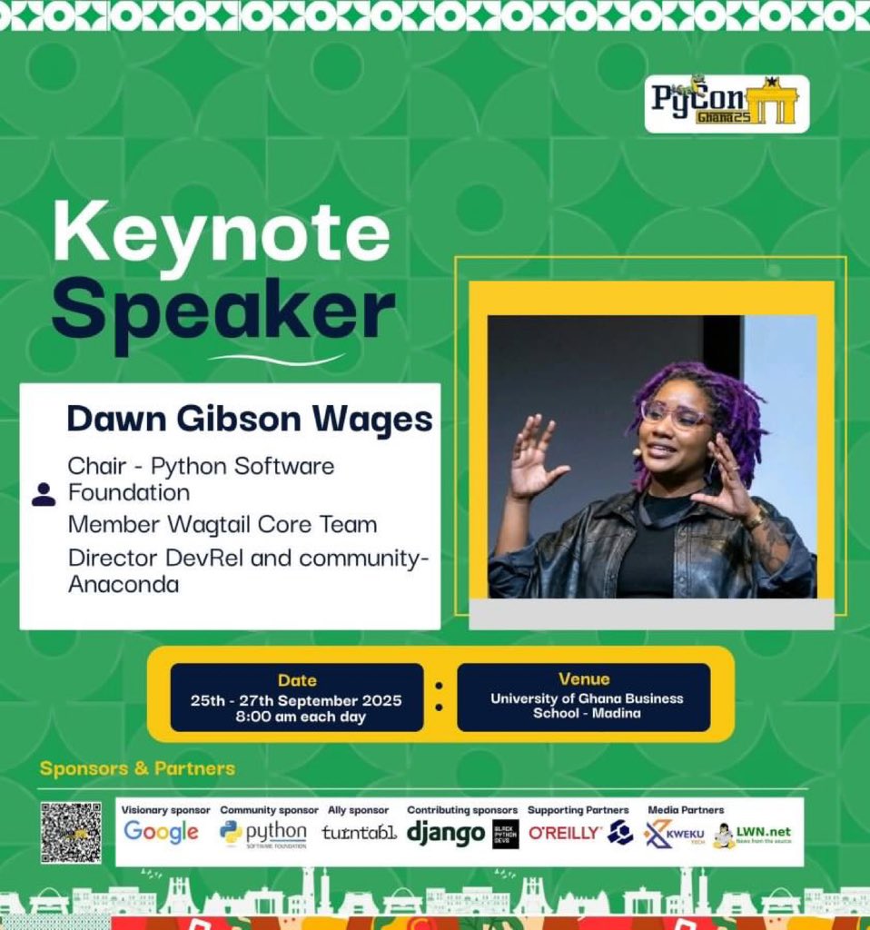 ExpZen's tweet image. It’s Day 3 of #PyConGhana2025! 🚀
We’re starting strong with Dawn Gibson Wages bringing the fire 🔥🐍