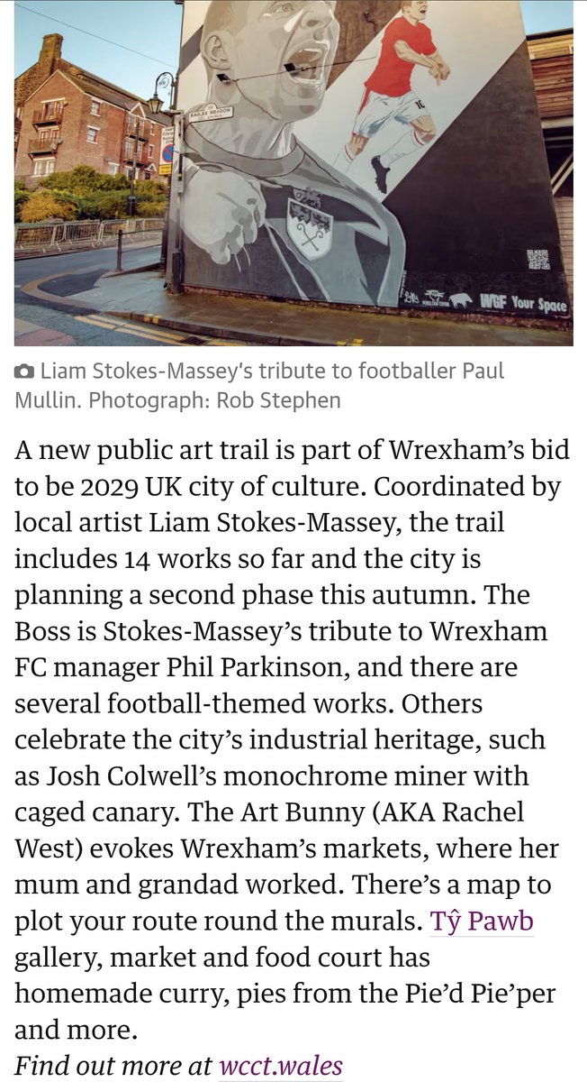 PencilCraftsman's tweet image. Lovely write up in the Guardian, with the @Wrecsam_2029 Public Art Trail included in their &apos;Best Outdoor Trails in the UK&apos; list.

With another nine murals coming over the next few months, it&apos;ll only get better, too!

@wrexham